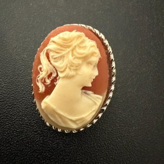 Vintage Cameo Brooch Pendant Victorian Style Lady Silver Tone Rope Frame Oval