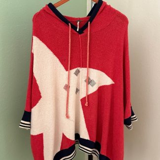 Free People Red Cream Star Oversized Hooded Sweater Womens M/L Cotton Blend