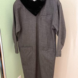 Vintage Genny Gray Wool Long Sleeve Dress Black Velvet Collar Womens