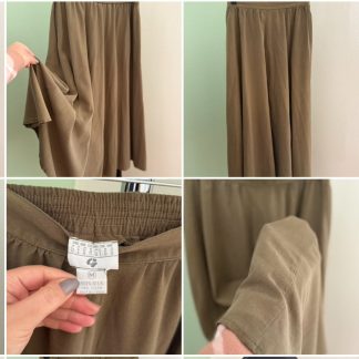George Georgiou 100% Silk Flowy Skirt Olive Khaki Elastic Waist Pockets Womens M