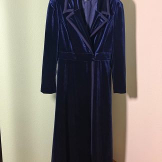 Navy Blue Royal Velvet Look Long Coat Womens Notch Lapel Braid Trim Lined